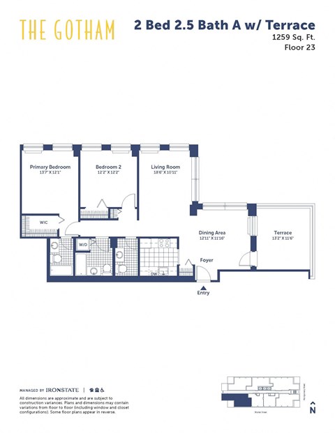 Floor plan for 2 beds, 2.5 baths, 1259 sqft